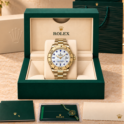 Sapphire Uhr mit blauen Akzenten und Goldarmband in Präsentationsbox