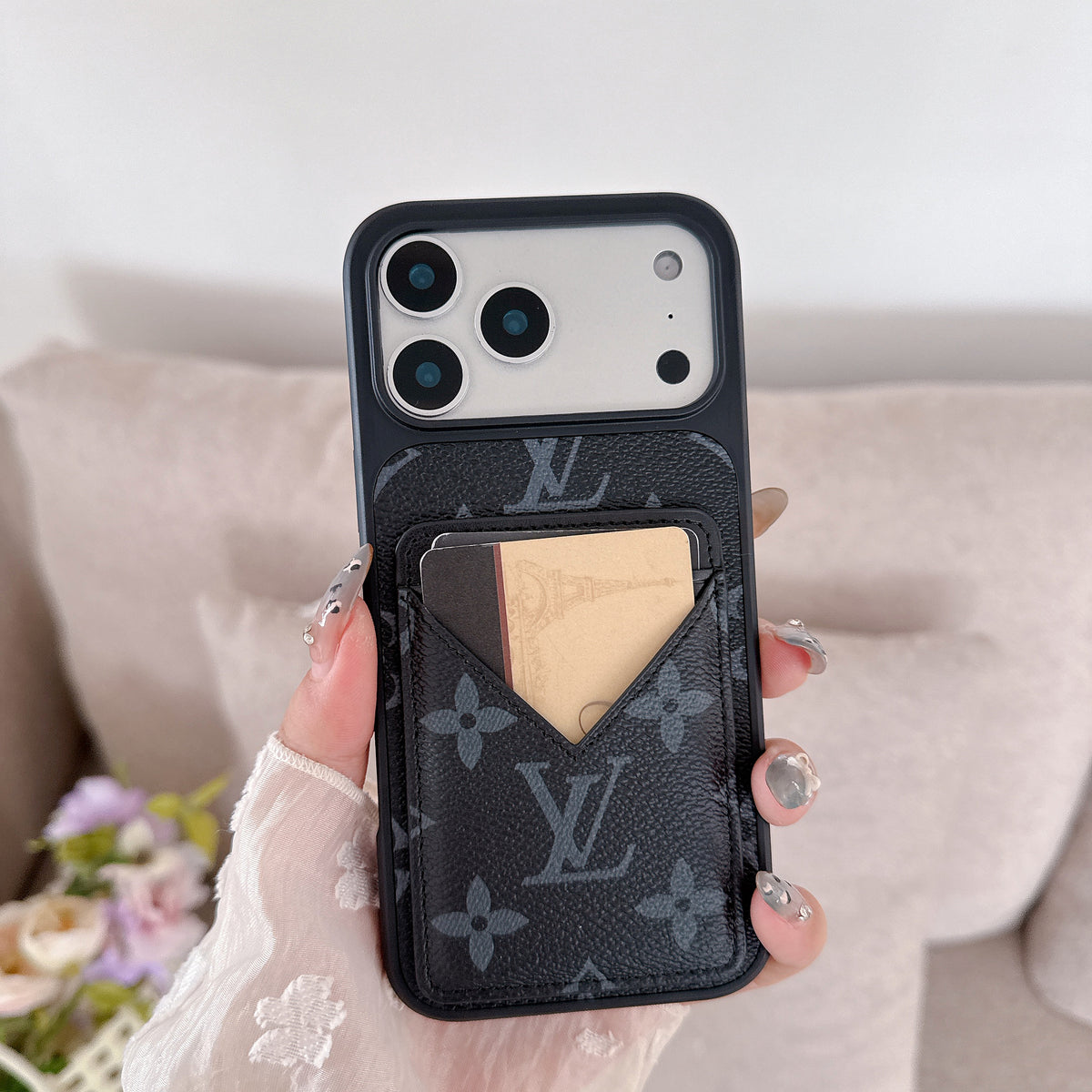 Schwarz Monogram Leder iPhone Hülle with V-Pocket Card Slot
