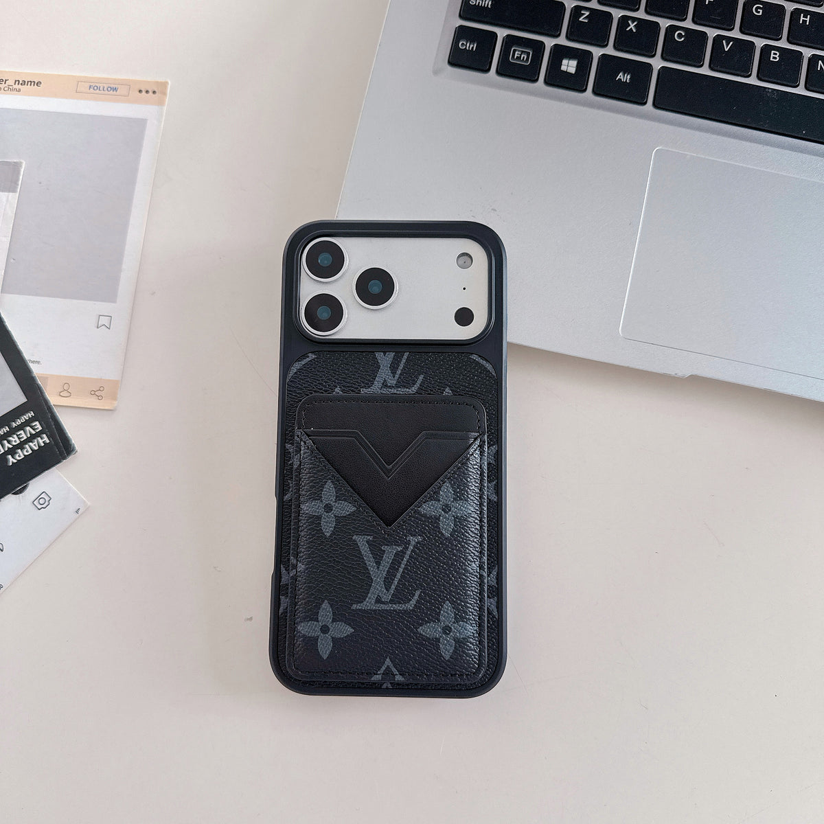 Schwarz Monogram Leder iPhone Hülle with V-Pocket Card Slot