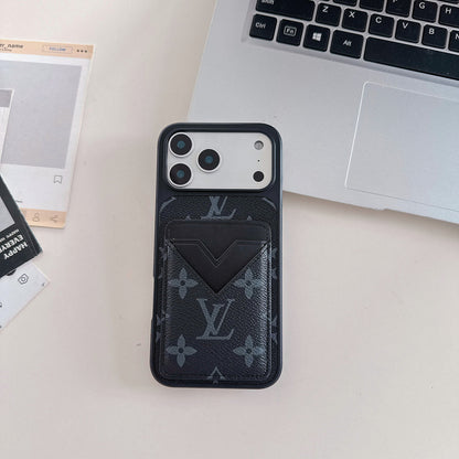 Schwarz Monogram Leder iPhone Hülle with V-Pocket Card Slot