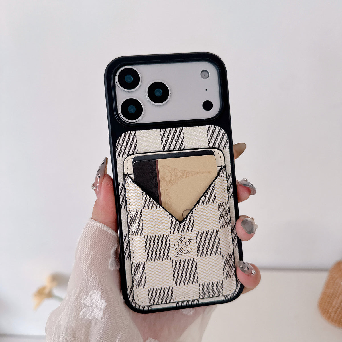 Weiß Checkered Leder iPhone Hülle with V-Pocket Card Slot