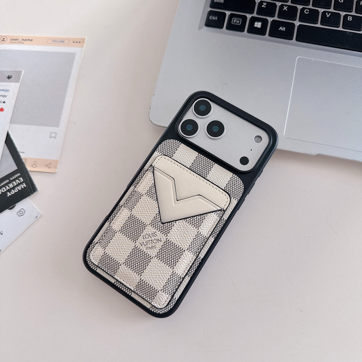 Weiß Checkered Leder iPhone Hülle with V-Pocket Card Slot