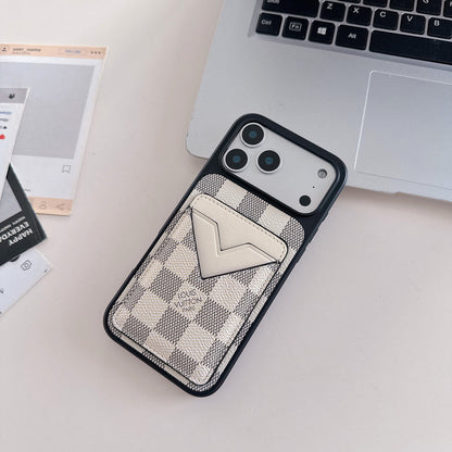 Weiß Checkered Leder iPhone Hülle with V-Pocket Card Slot