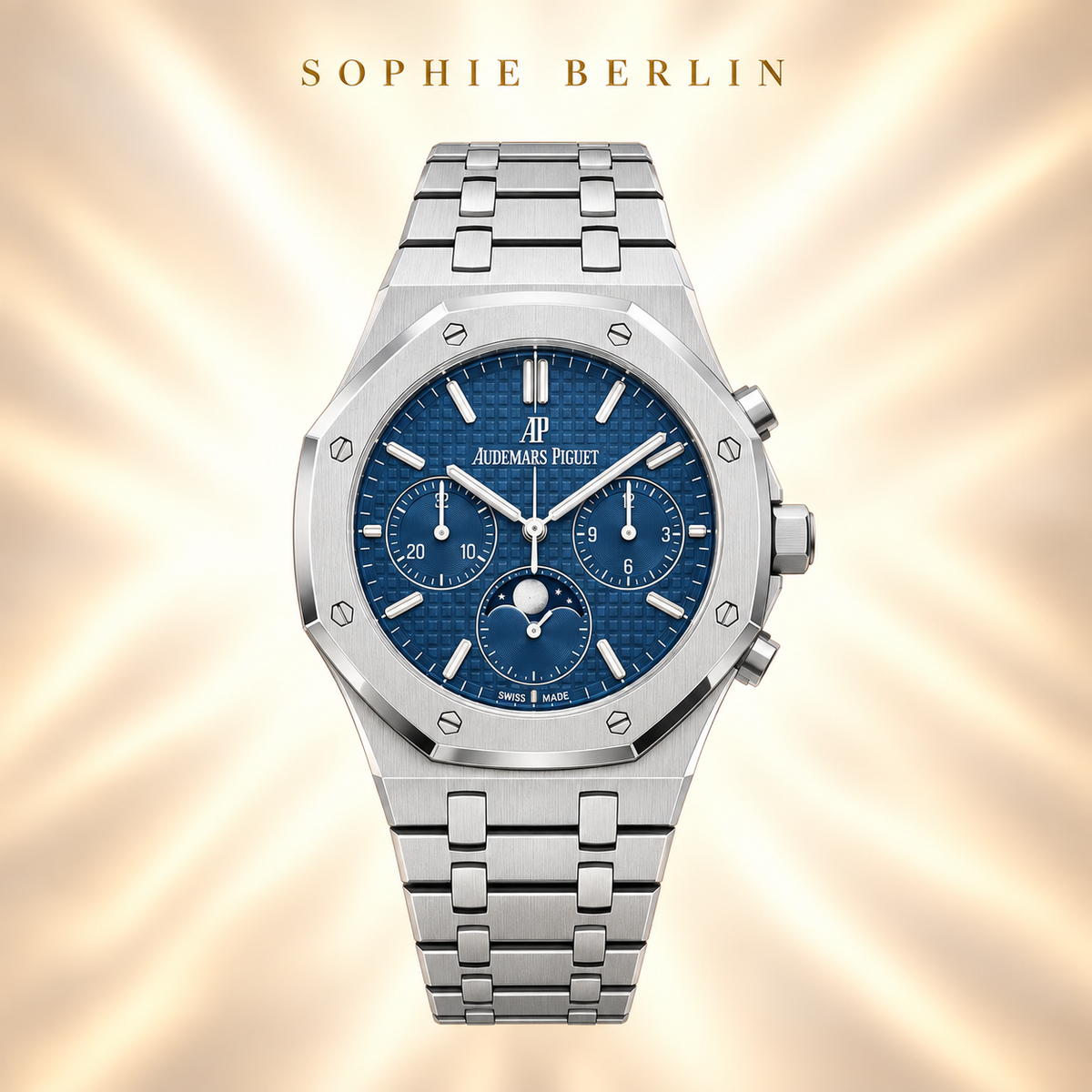 Octavia Armbanduhr – Silberfarben & Blau mit Mondmotiv – Vorderansicht