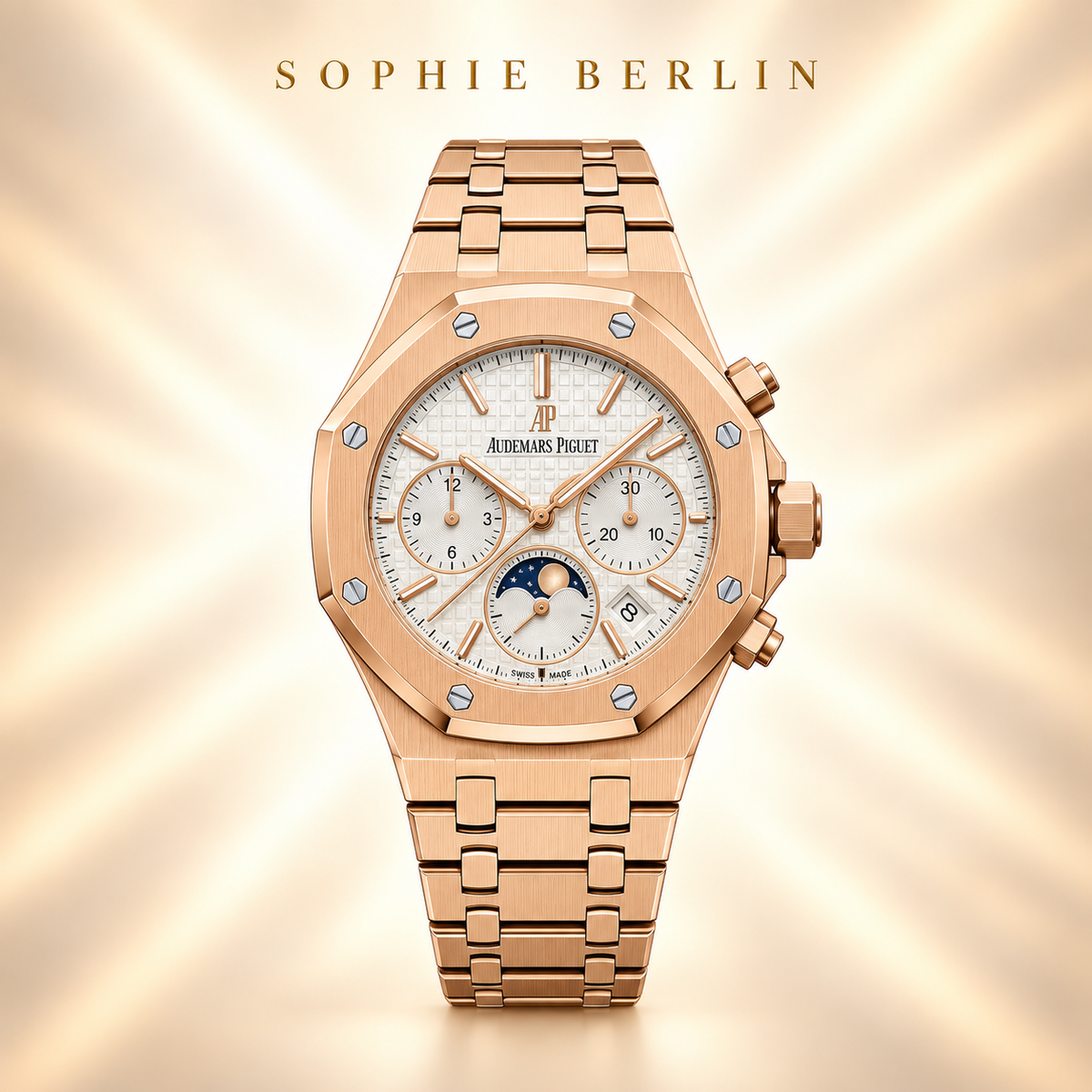 Octavia Armbanduhr – Roségoldfarben & Weiß mit Mondmotiv – Detailansicht
