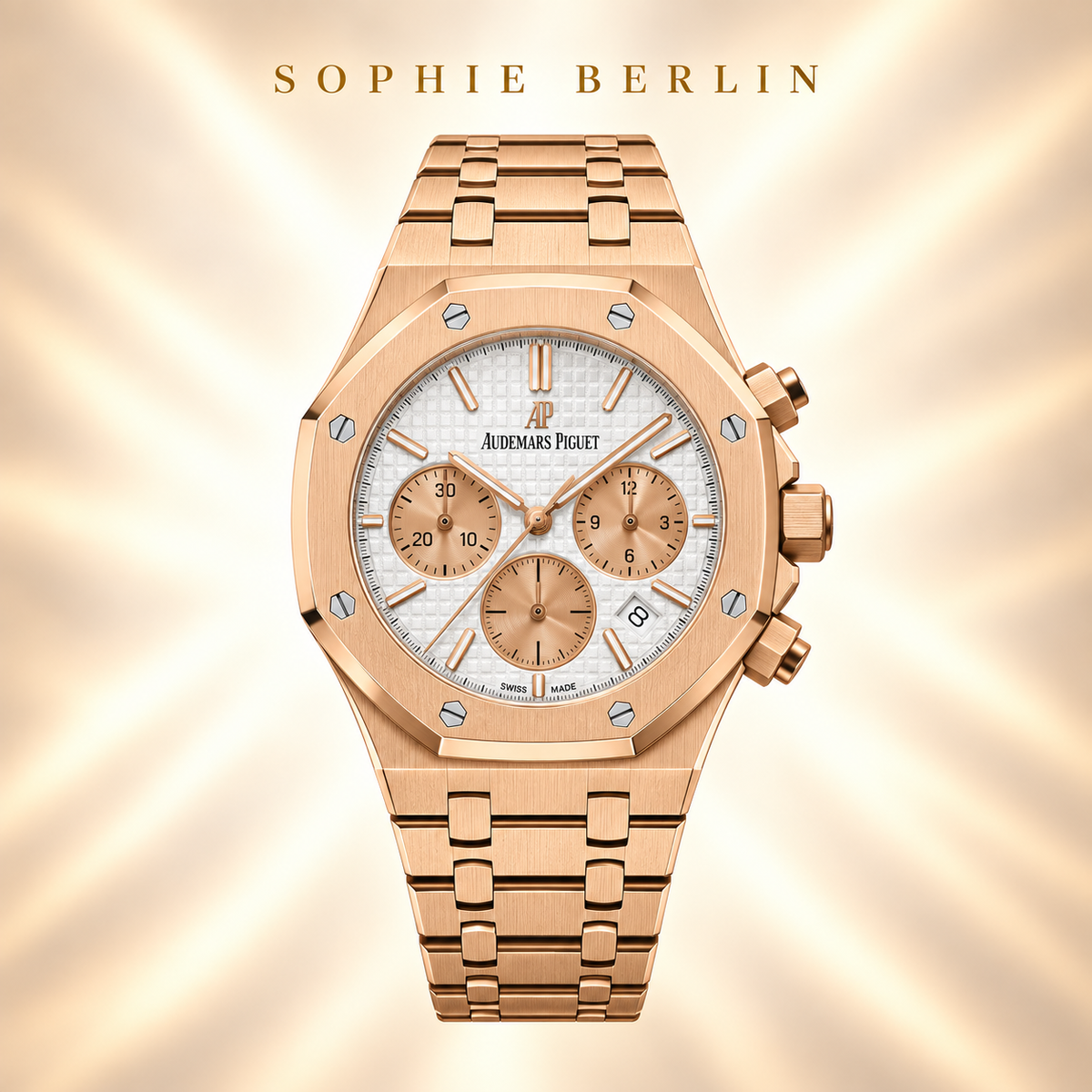 Octavia Armbanduhr – Roségoldfarben & Weiß mit Kontrastanzeigen – Detailansicht
