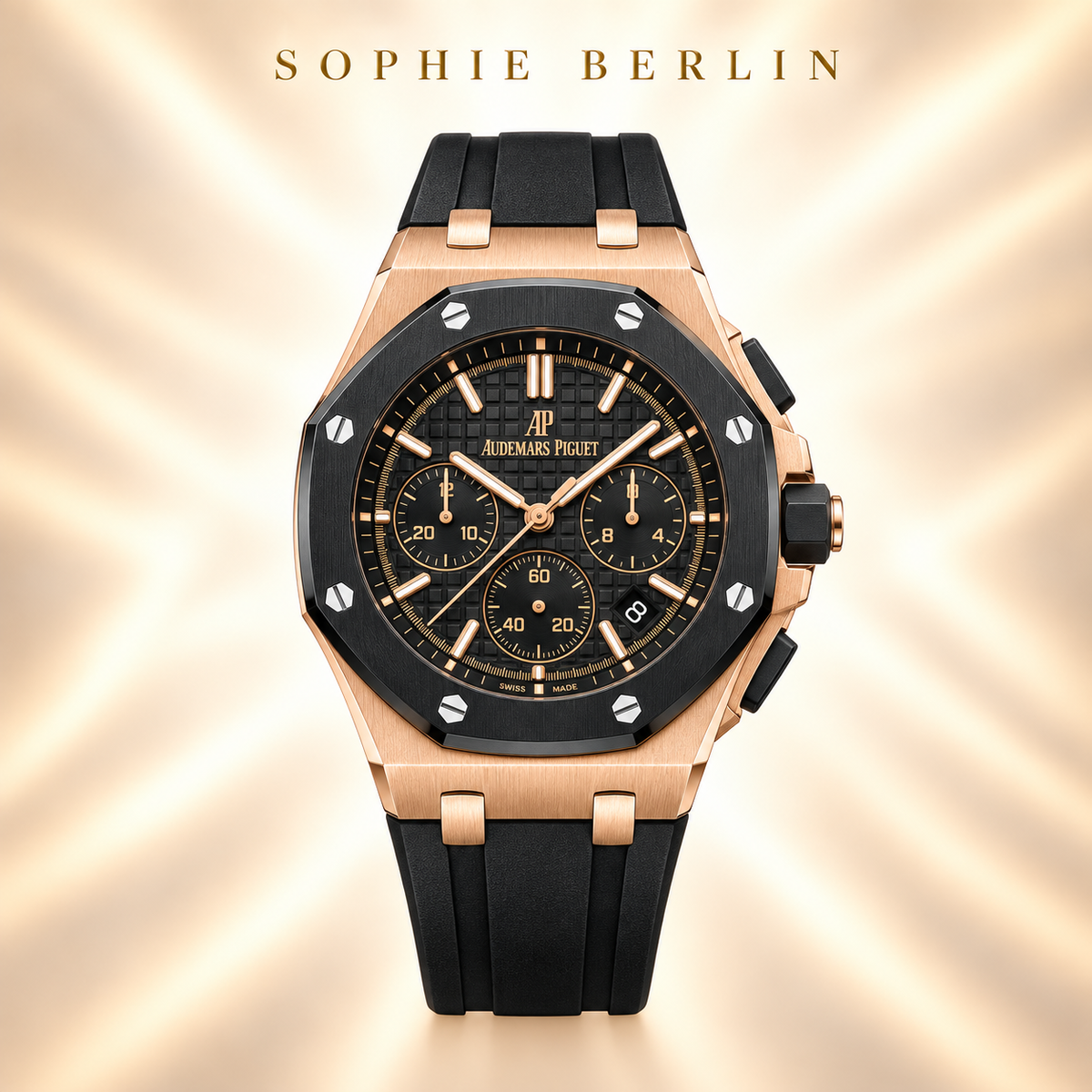 Octavia Armbanduhr – Roségoldfarben & Schwarz – Detailansicht