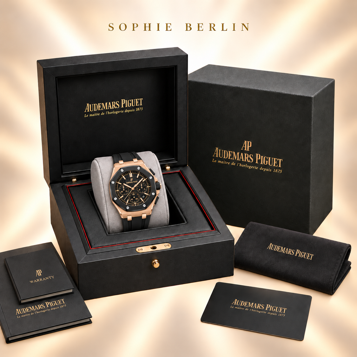 Octavia Armbanduhr – Roségoldfarben & Schwarz – optionale Uhrenverpackung