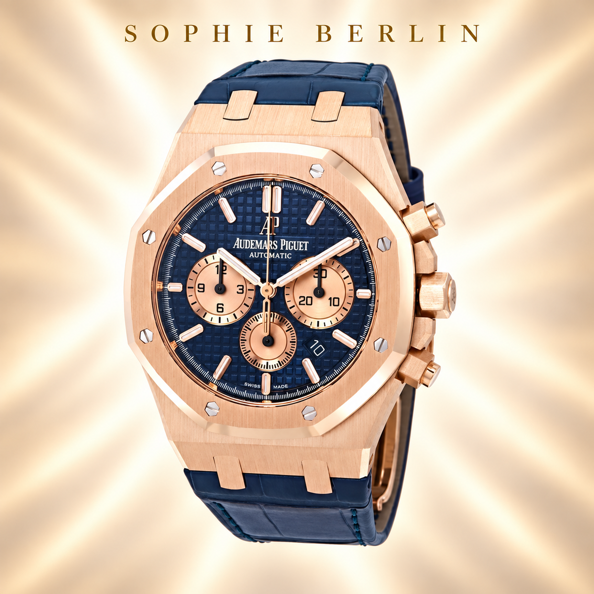 Octavia Armbanduhr – Roségoldfarben & Blau mit Kontrastanzeigen – Detailansicht