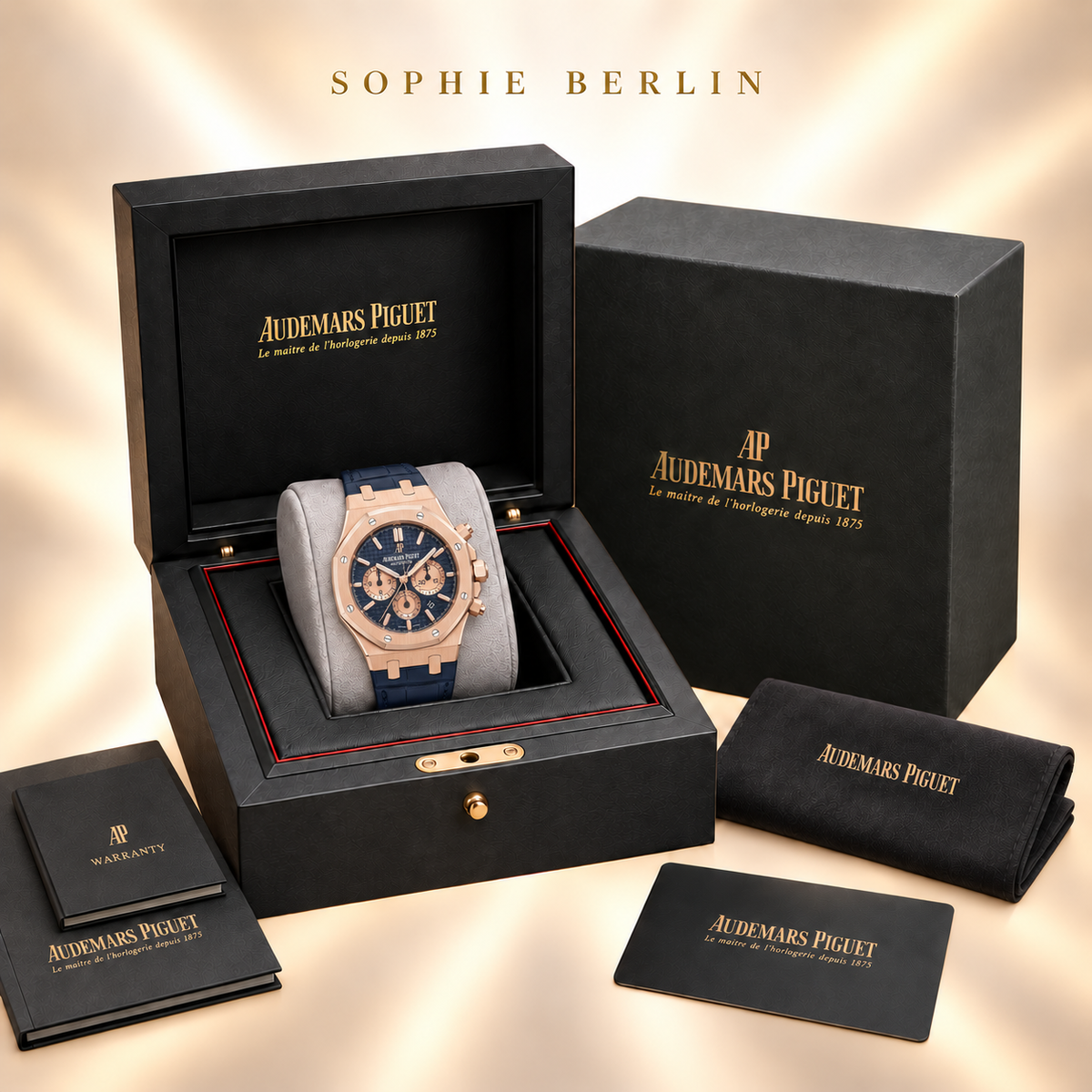 Octavia Armbanduhr – Roségoldfarben & Blau mit Kontrastanzeigen – optionale Uhrenverpackung