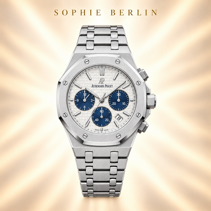 Octavia Armbanduhr – Silberfarben & Weiß mit blauen Anzeigen – Detailansicht