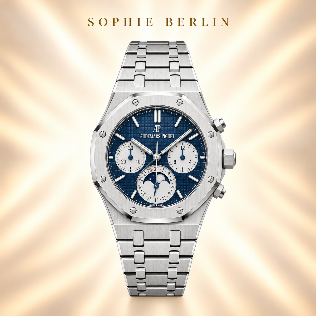 Octavia Armbanduhr – Silberfarben & Dunkelblau mit hellen Anzeigen – Detailansicht