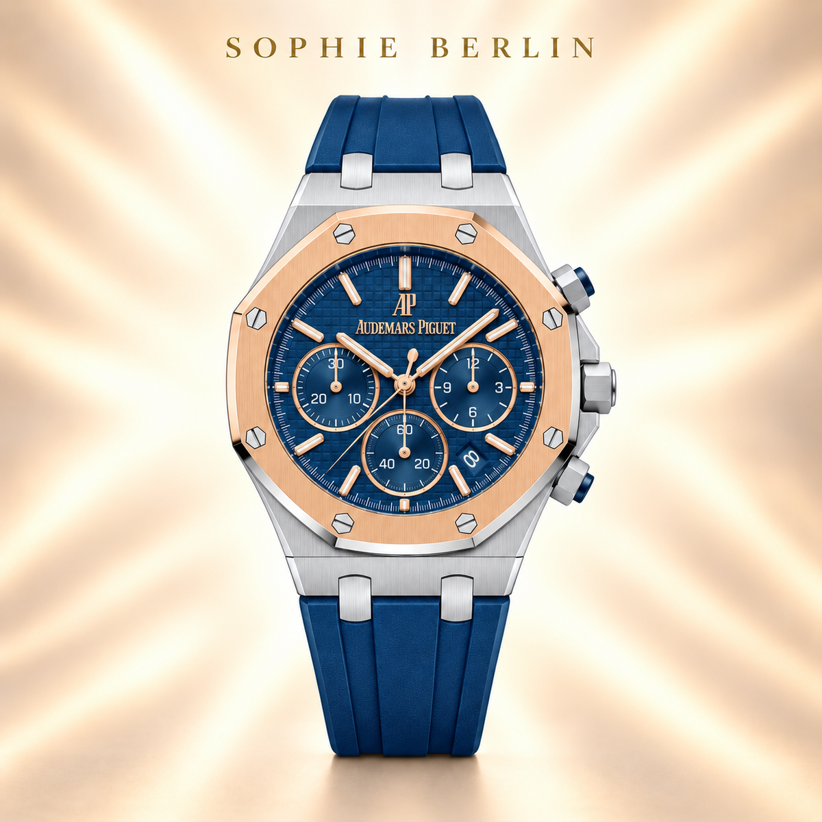 Octavia Armbanduhr – Blau mit roségoldfarbener Umrandung – Detailansicht