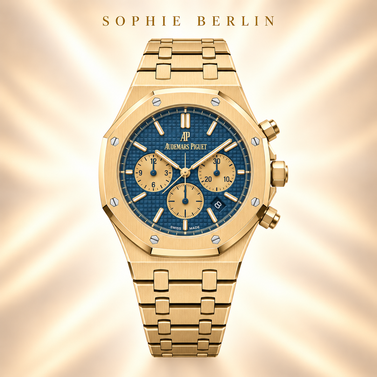 Octavia Armbanduhr – Goldfarben & Blau mit Kontrastanzeigen – Vorderansicht