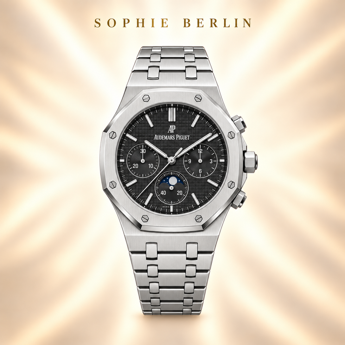 Octavia Armbanduhr – Silberfarben & Schwarz mit Mondmotiv – Detailansicht