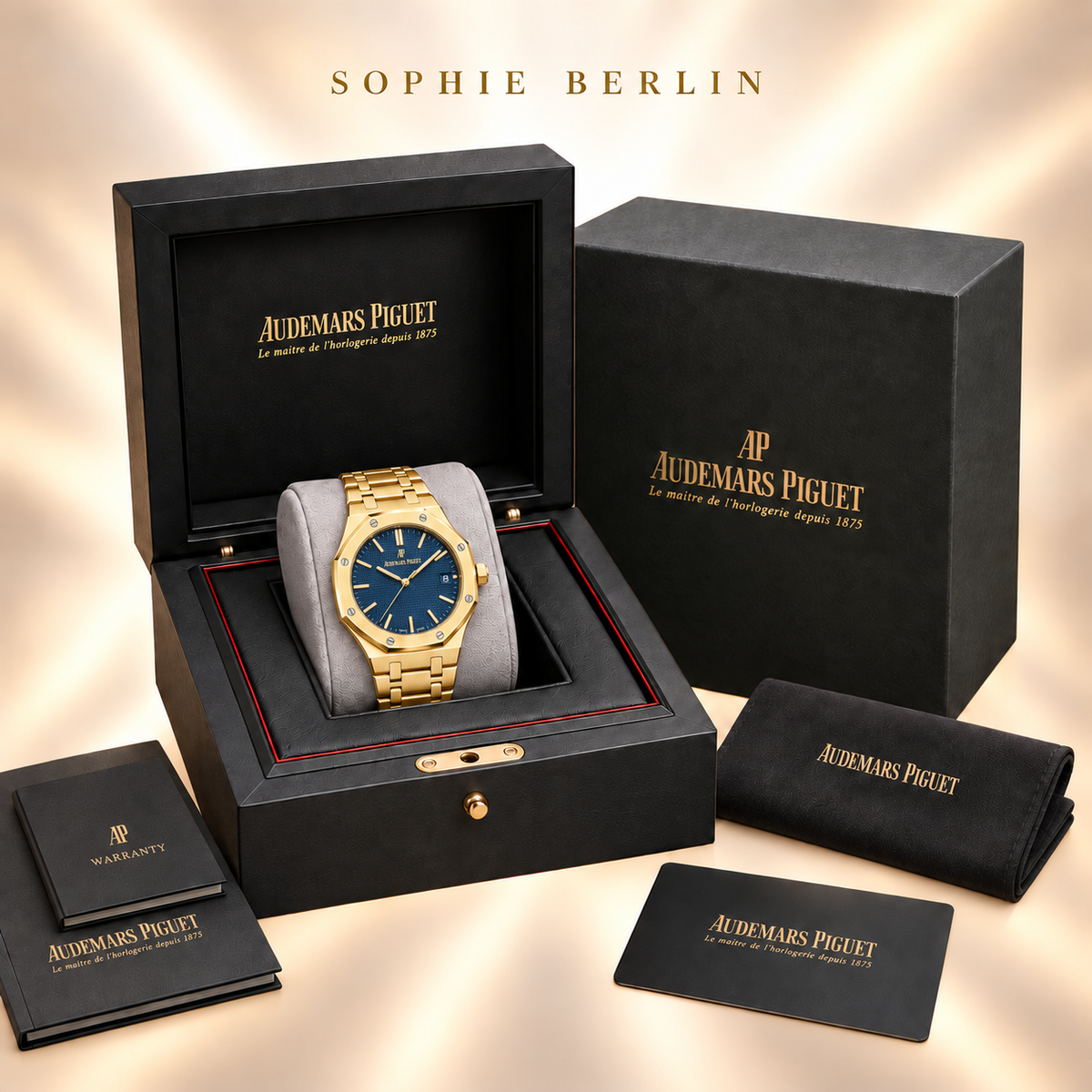 Octavia Armbanduhr – Goldfarben & Tiefblau – optionale Uhrenverpackung