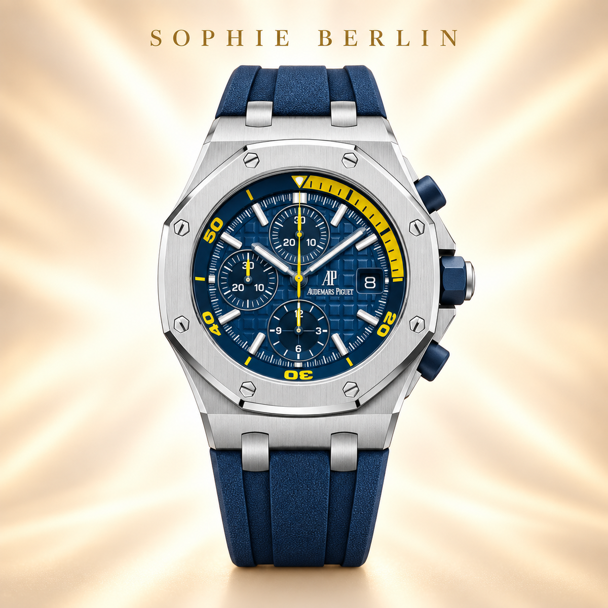 Octavia Armbanduhr – Silberfarben & Blau mit gelben Akzenten – Detailansicht