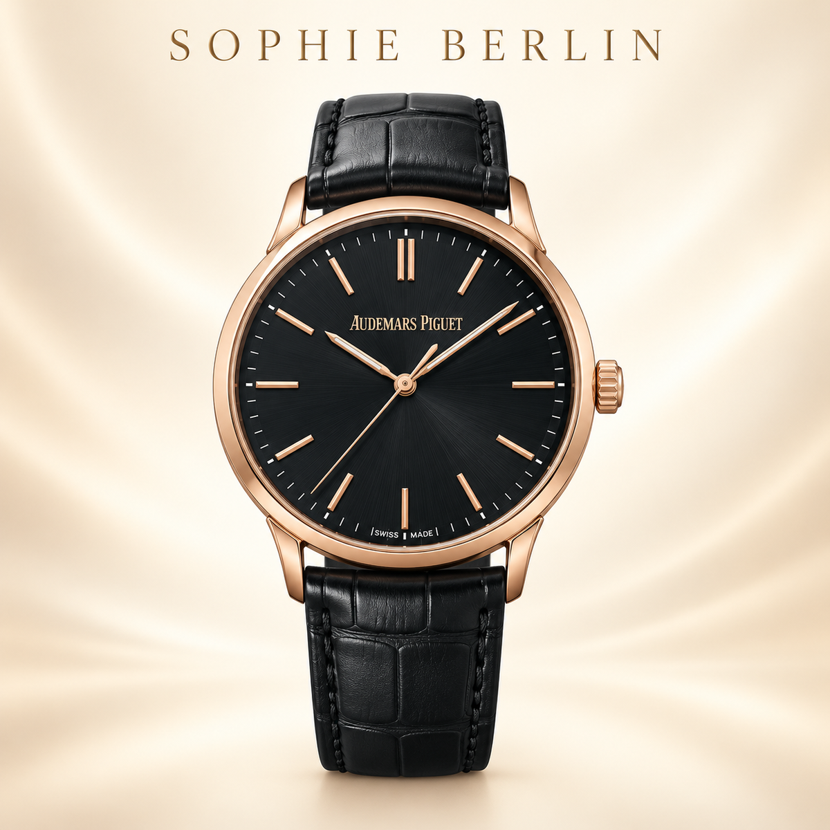 Serena Armbanduhr – Roségoldfarben & Schwarz – Detailansicht
