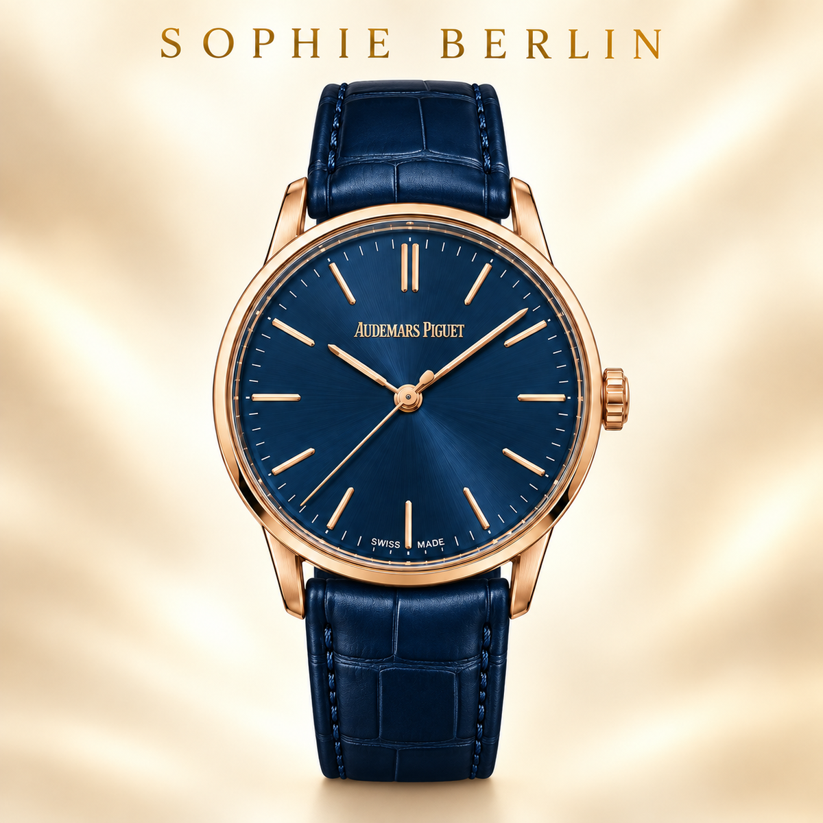Serena Armbanduhr – Roségoldfarben & Blau – Detailansicht