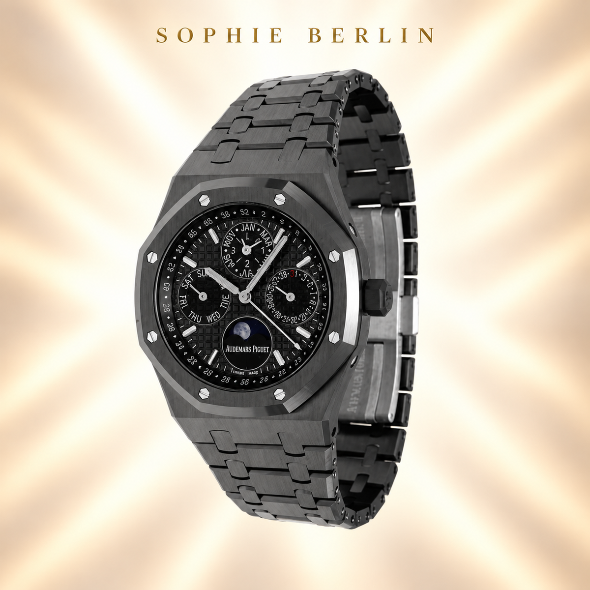 Octavia Armbanduhr – Dunkelgrau mit Mondmotiv – Detailansicht