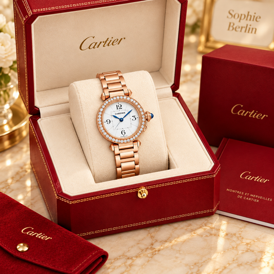 Runde Damen-Quarzuhr – Roségoldfarben mit Steinbesatz in optionaler Cartier Präsentationsbox