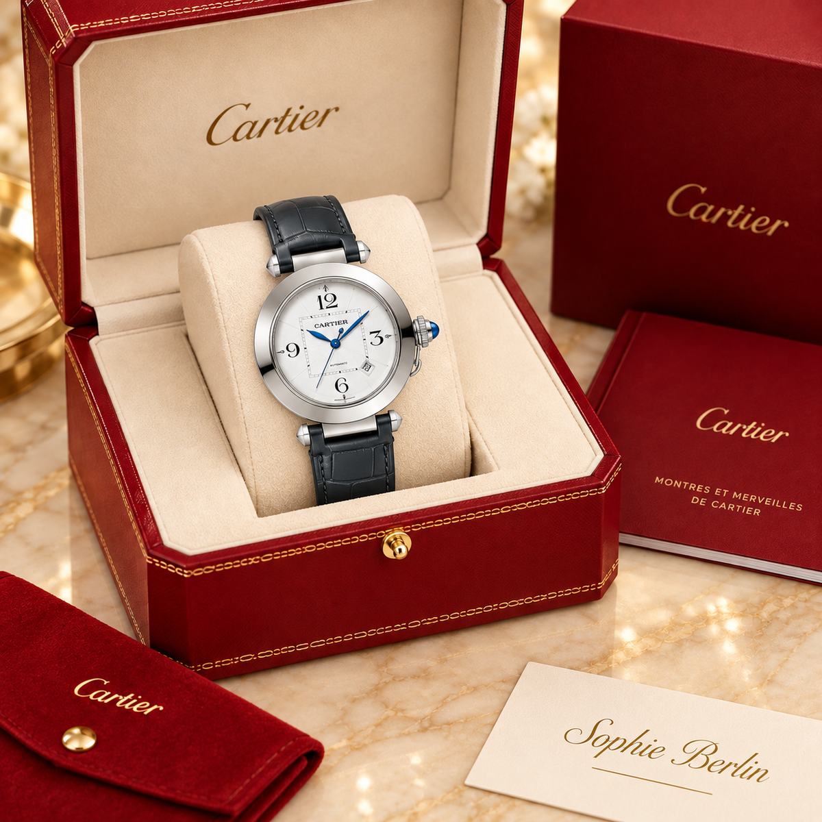 Runde Herren-Automatikuhr – Silberfarben mit schwarzem Armband in optionaler Cartier Präsentationsbox