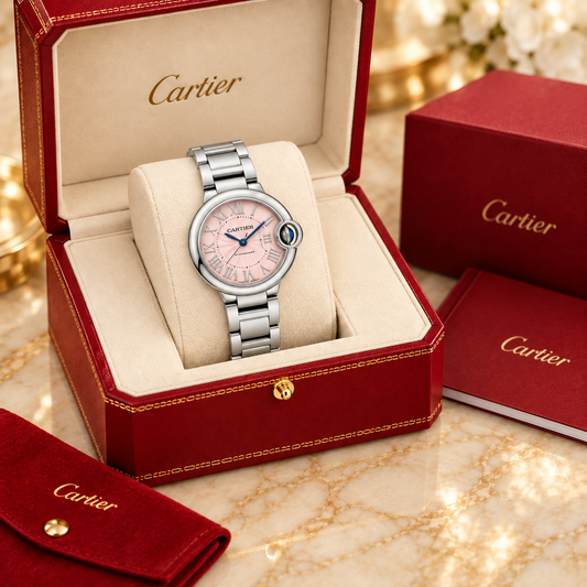 Runde Damen-Automatikuhr – Silberfarben mit rosa Zifferblatt in optionaler Cartier Präsentationsbox