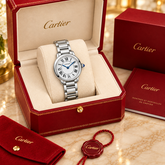 Runde Damen-Quarzuhr – Silberfarbenes Gliederarmband in optionaler Cartier Präsentationsbox
