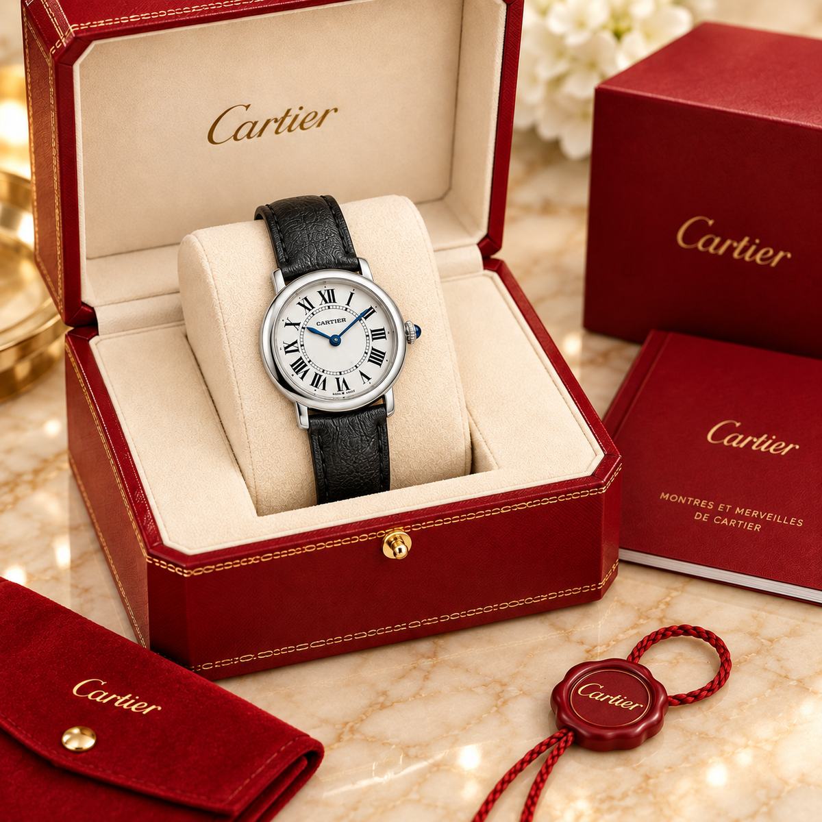 Runde Damen-Quarzuhr – Schwarzes Armband in optionaler Cartier Präsentationsbox