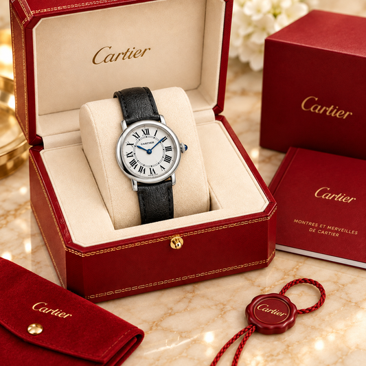 Runde Damen-Quarzuhr – Schwarzes Armband in optionaler Cartier Präsentationsbox