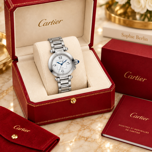 Runde Damen-Quarzuhr – Silberfarben mit markanter Krone in optionaler Cartier Präsentationsbox