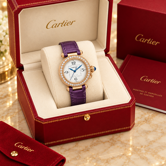 Runde Damen-Automatikuhr – Violettes Armband und Steinbesatz in optionaler Cartier Präsentationsbox