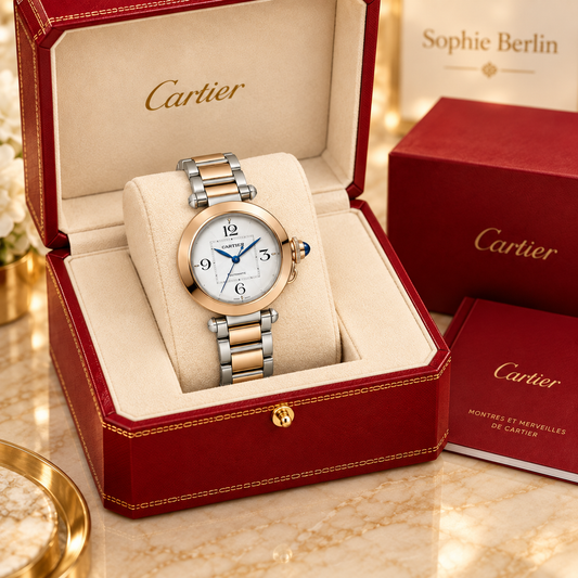 Runde Damen-Automatikuhr – Bicolor mit hellem Zifferblatt in optionaler Cartier Präsentationsbox