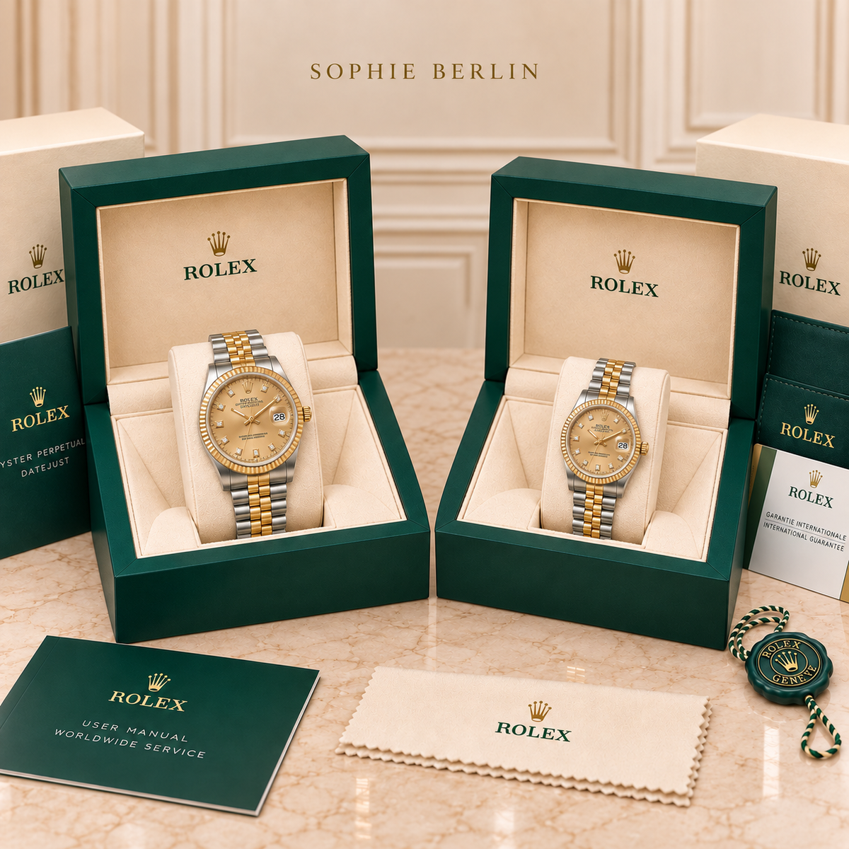 Partneruhren-Set – Bicolor & Champagner – 36 & 28 mm – zwei schräg gegenüberstehende Boxen mit Zubehör