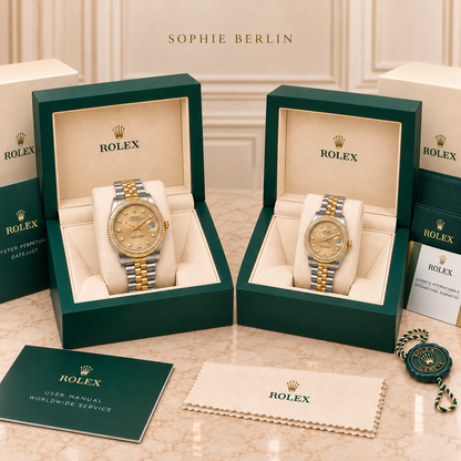 Partneruhren-Set – Bicolor & Champagner – 36 & 28 mm – zwei schräg gegenüberstehende Boxen mit Zubehör