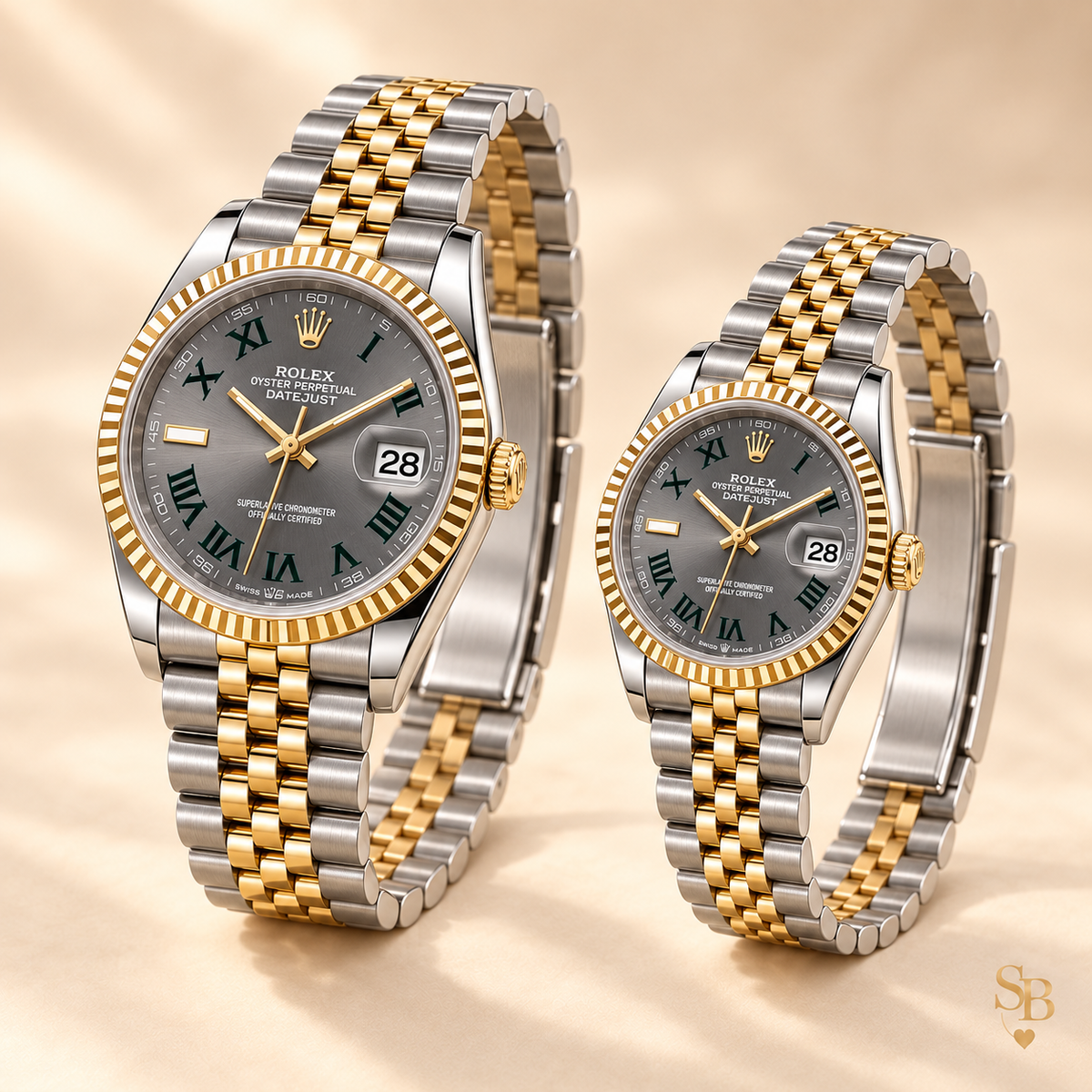 Partneruhren-Set – Bicolor & Grau – 36 & 28 mm – Seitenansicht und Armband