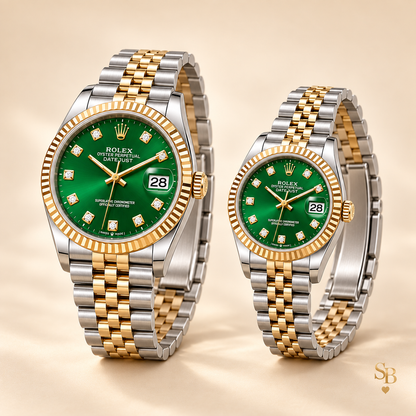 Partneruhren-Set – Bicolor & Grün – 36 & 28 mm – Seitenansicht und Armband