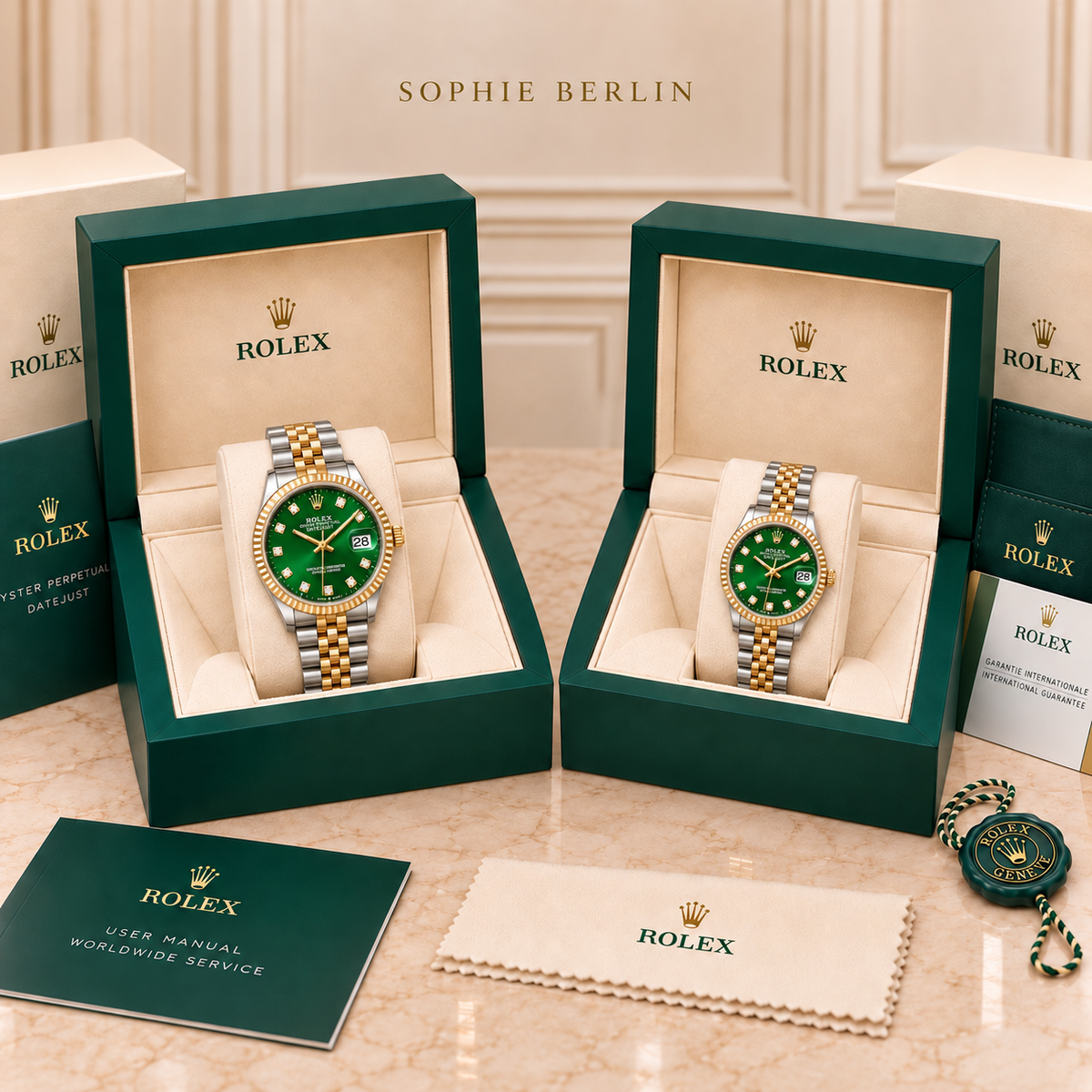 Partneruhren-Set – Bicolor & Grün – 36 & 28 mm – zwei schräg gegenüberstehende Boxen mit Zubehör