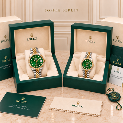 Partneruhren-Set – Bicolor & Grün – 36 & 28 mm – zwei schräg gegenüberstehende Boxen mit Zubehör