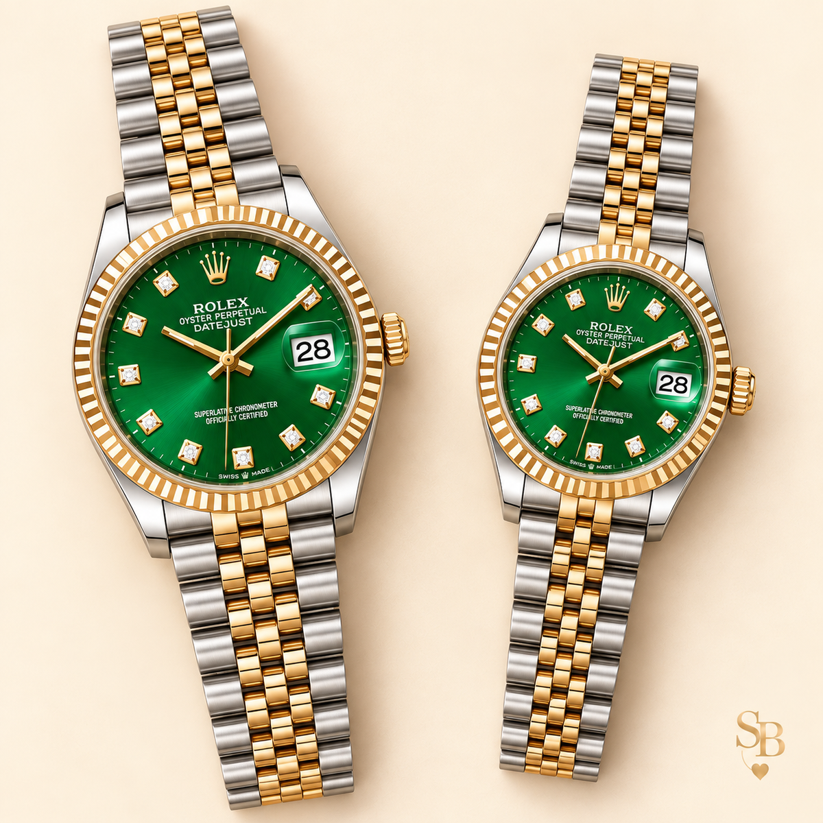 Partneruhren-Set – Bicolor & Grün – 36 & 28 mm – Vorderansicht