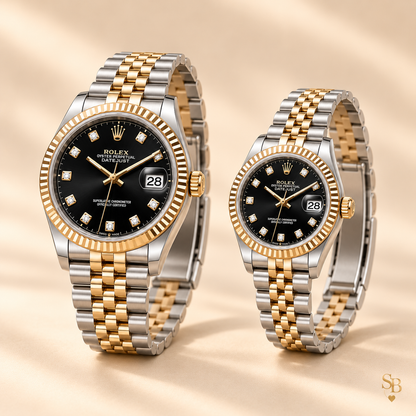 Partneruhren-Set – Bicolor & Schwarz – 36 & 28 mm – Seitenansicht und Armband