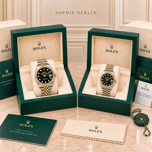 Partneruhren-Set – Bicolor & Schwarz – 36 & 28 mm – zwei schräg gegenüberstehende Boxen mit Zubehör