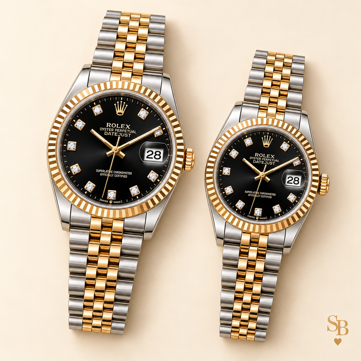 Partneruhren-Set – Bicolor & Schwarz – 36 & 28 mm – Vorderansicht