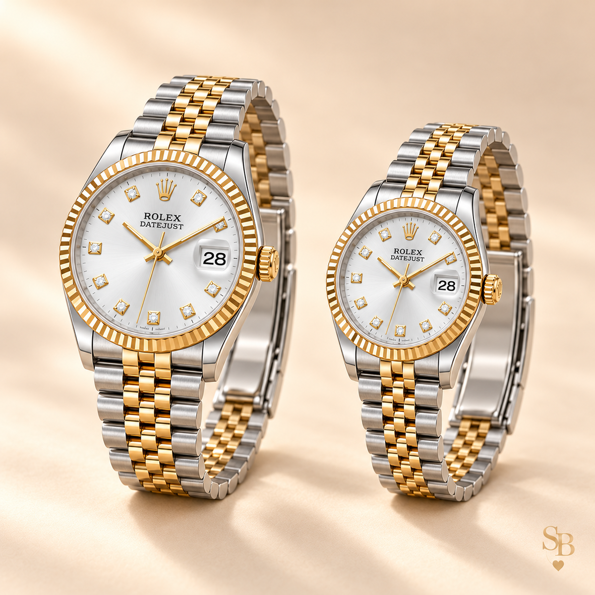 Partneruhren-Set – Bicolor & Silber – 36 & 28 mm – Seitenansicht und Armband