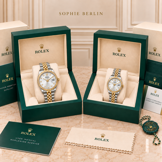 Partneruhren-Set – Bicolor & Silber – 36 & 28 mm – zwei schräg gegenüberstehende Boxen mit Zubehör