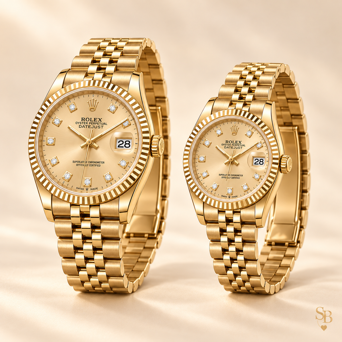 Partneruhren-Set – Goldfarben & Champagner – 36 & 28 mm – Seitenansicht und Armband
