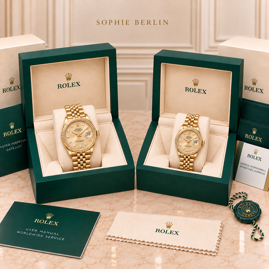 Partneruhren-Set – Goldfarben & Champagner – 36 & 28 mm – zwei schräg gegenüberstehende Boxen mit Zubehör