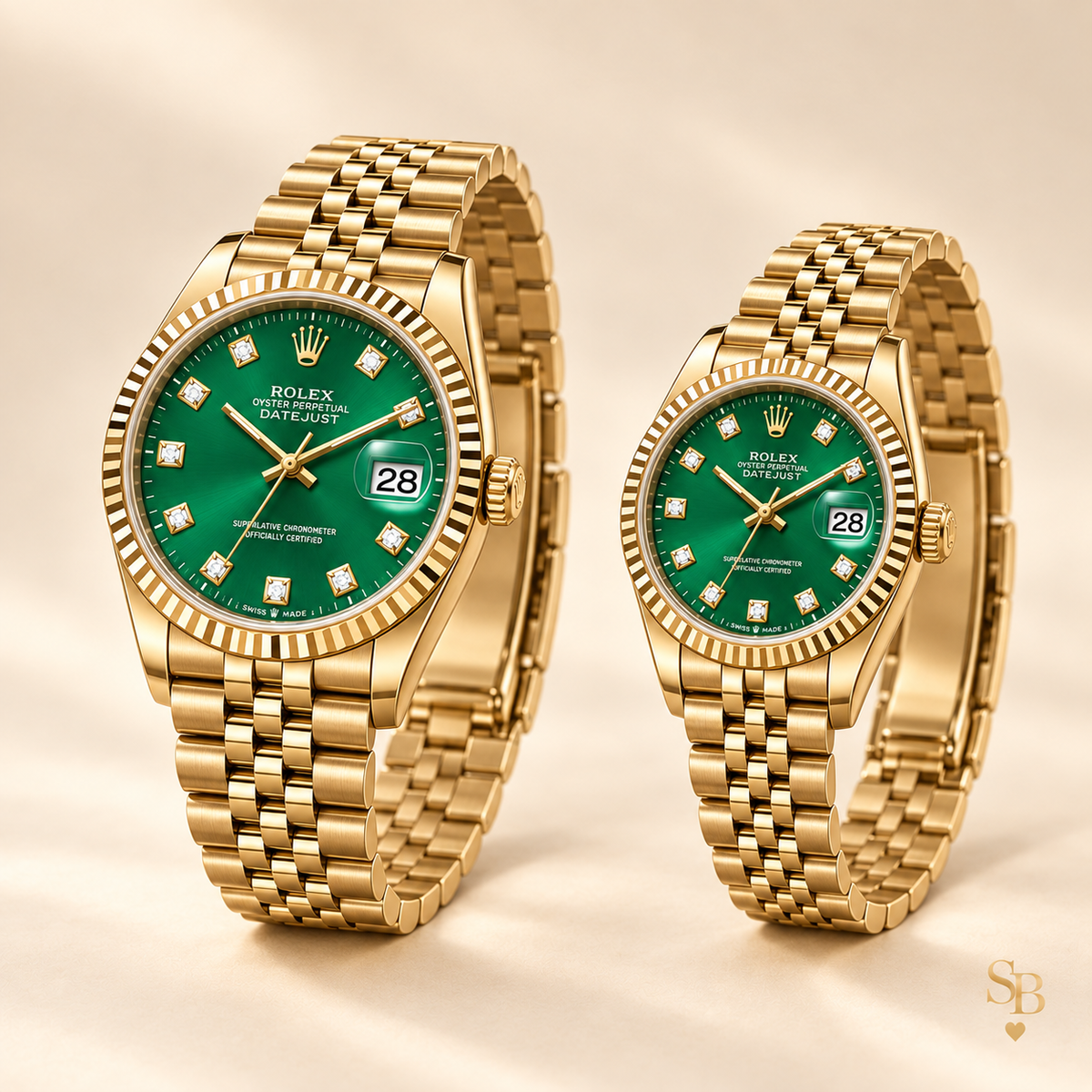 Partneruhren-Set – Goldfarben & Grün – 36 & 28 mm – Seitenansicht und Armband