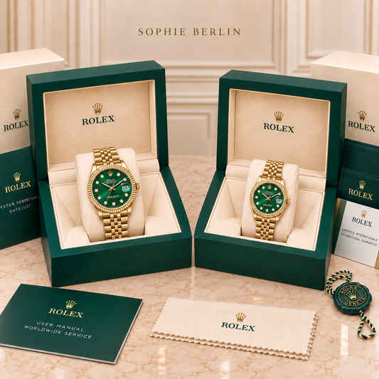 Partneruhren-Set – Goldfarben & Grün – 36 & 28 mm – zwei schräg gegenüberstehende Boxen mit Zubehör