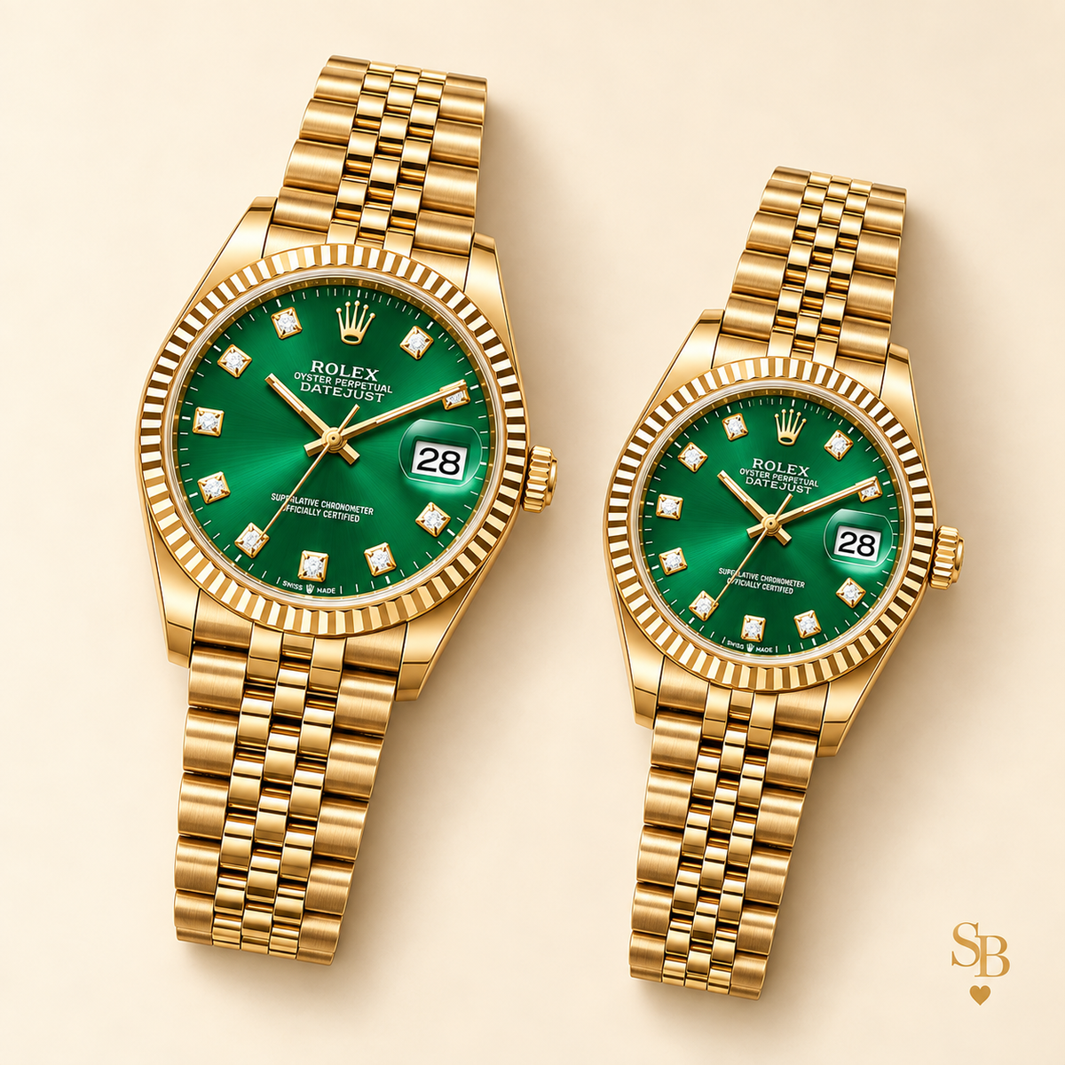 Partneruhren-Set – Goldfarben & Grün – 36 & 28 mm – Vorderansicht